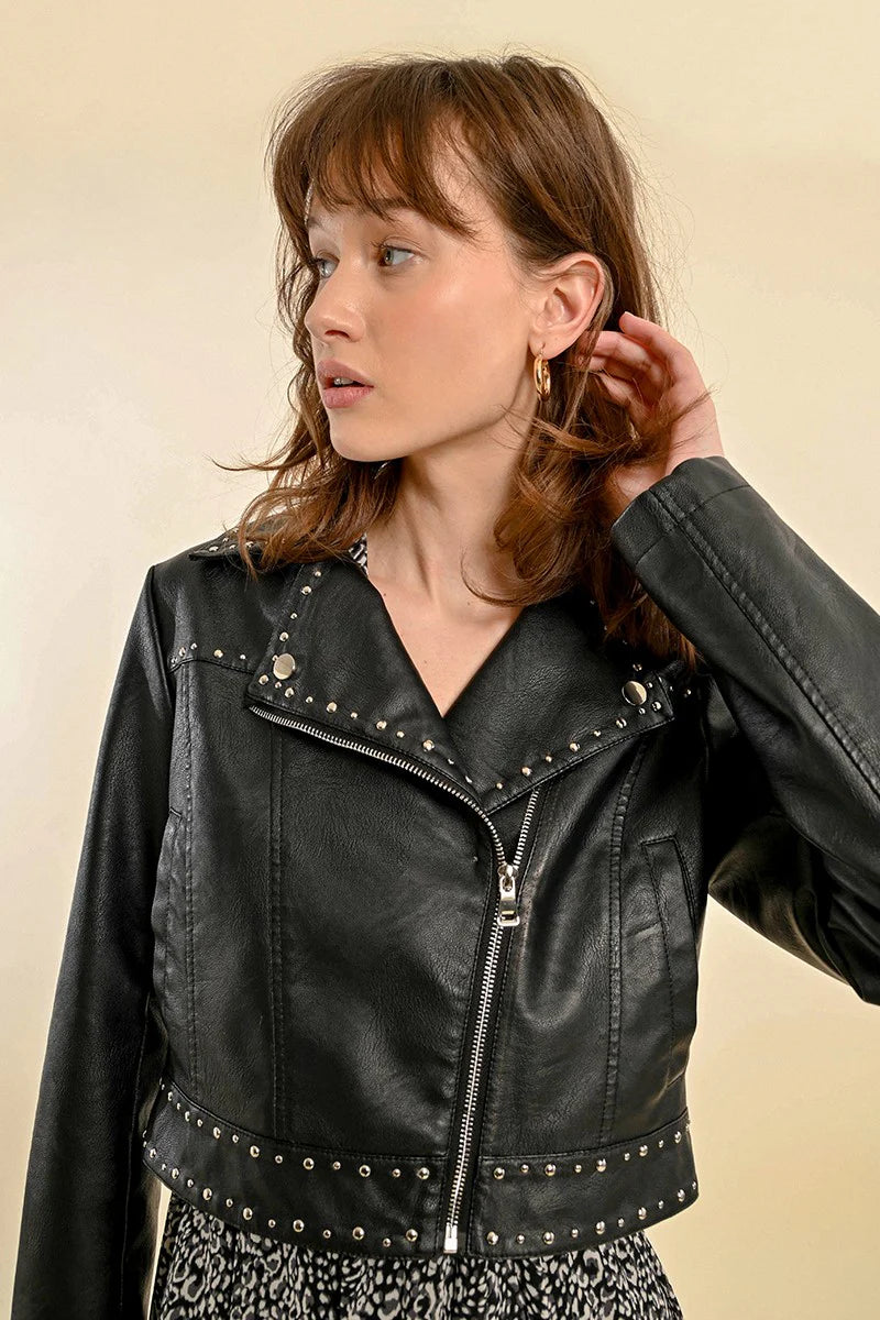 Silver Stud Faux Leather Biker Jacket Blush