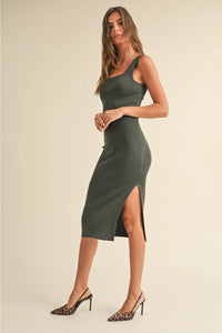 Stetson Square Neck Olive Slit Dress