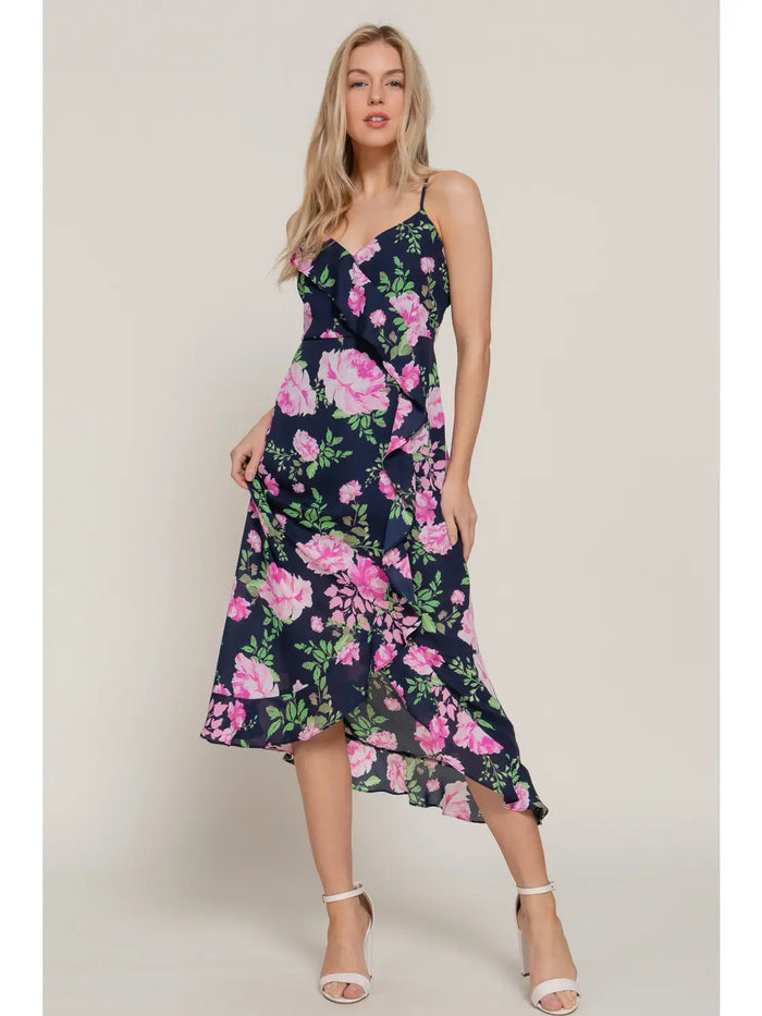 Floral Printed Ruffle Slip Midi Dress