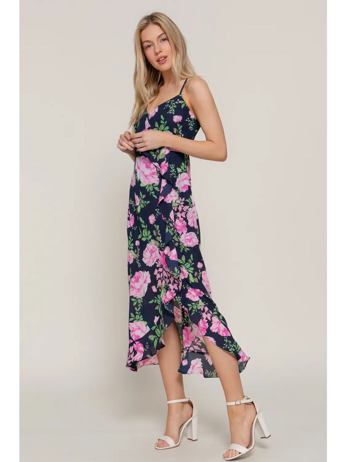 Floral Printed Ruffle Slip Midi Dress