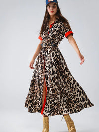 Maxi Leopard Button-Down Dress with Red Details