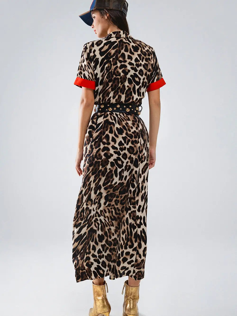 Maxi Leopard Button-Down Dress with Red Details