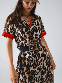 Maxi Leopard Button-Down Dress with Red Details