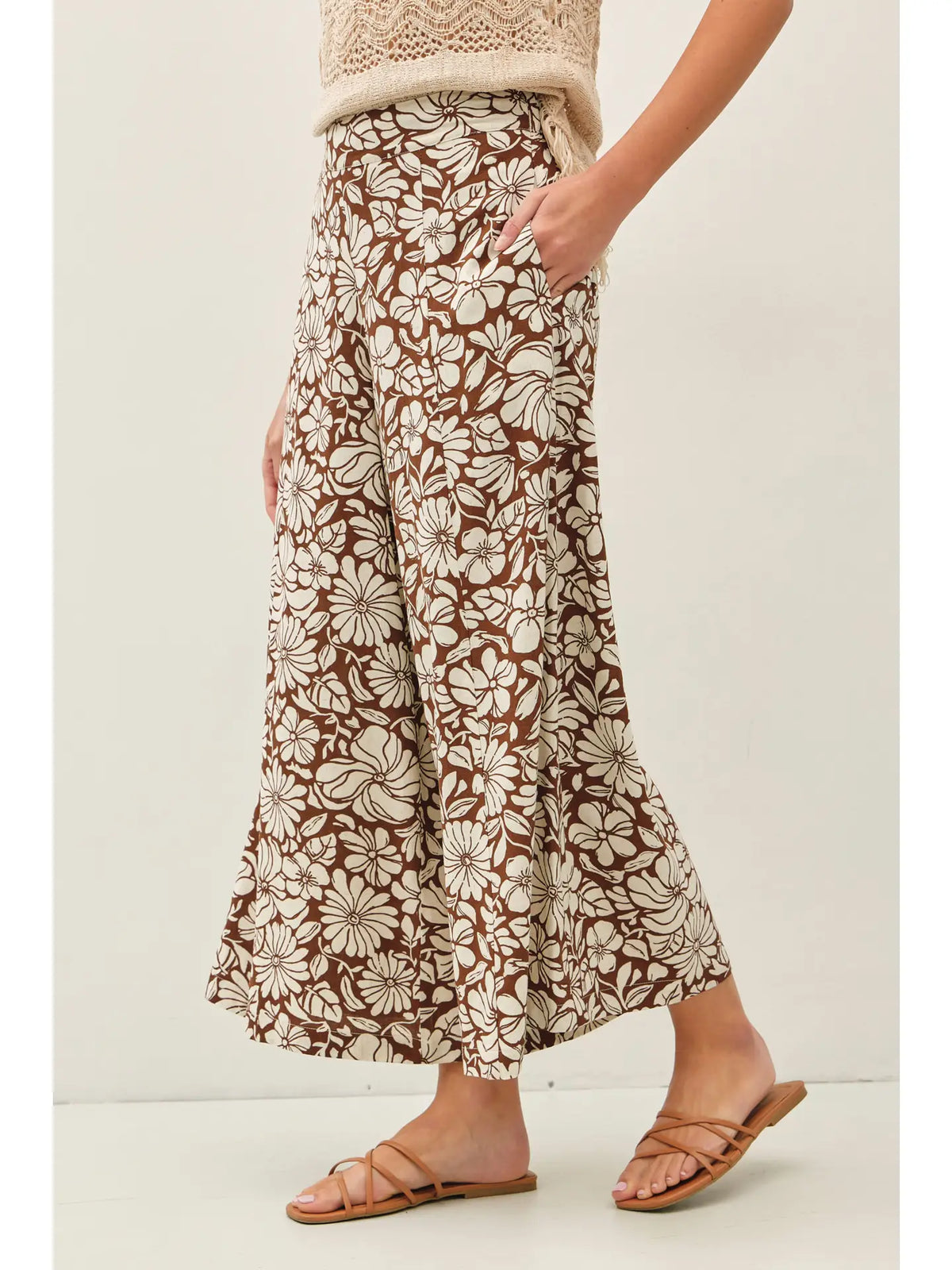 Brown Floral Print Wide Leg Pant