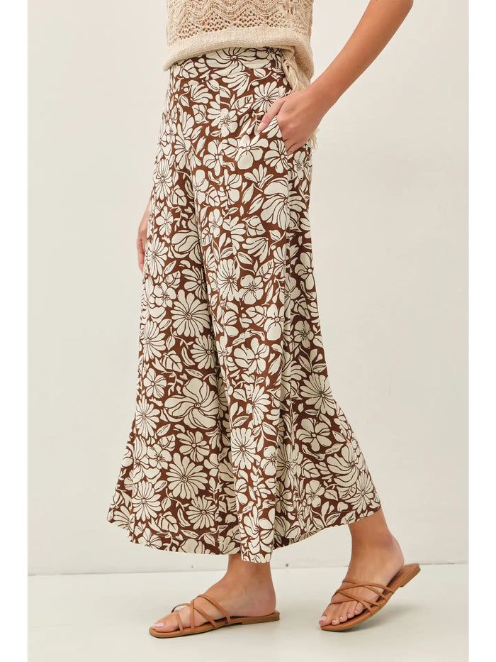 Brown Floral Print Wide Leg Pant