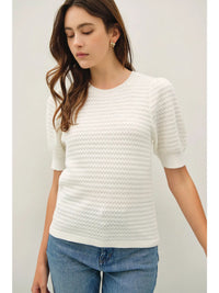 Chevron Pointelle Puffed Sleeve Sweater Top