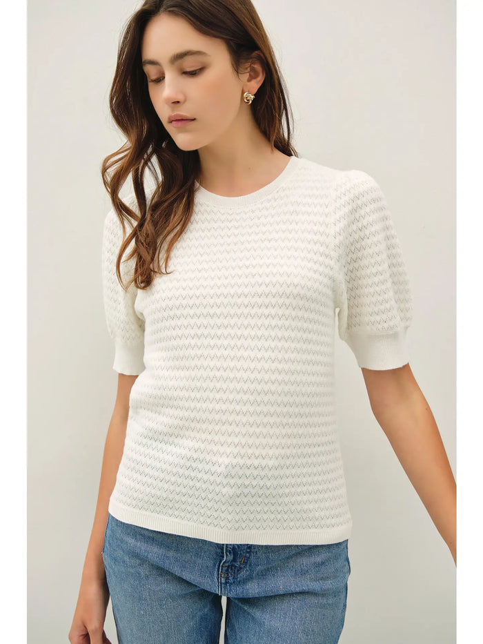 Chevron Pointelle Puffed Sleeve Sweater Top