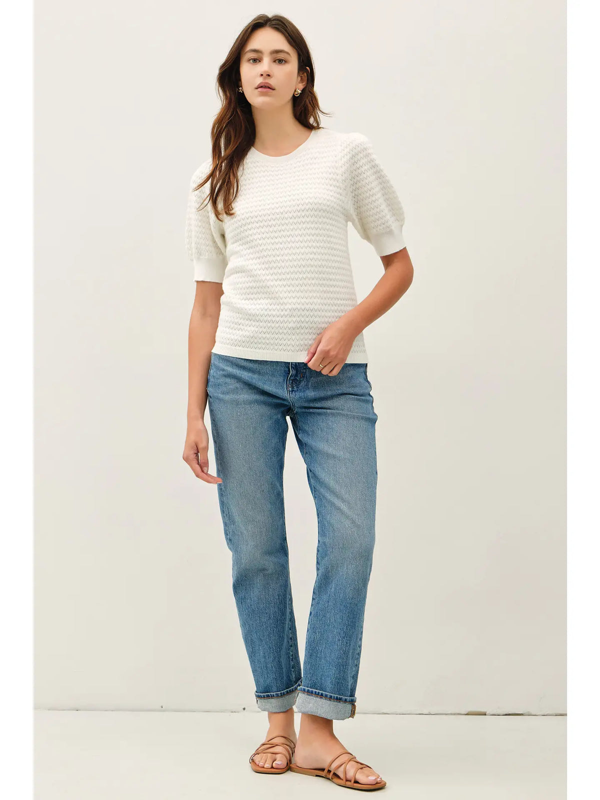 Chevron Pointelle Puffed Sleeve Sweater Top