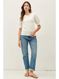 Chevron Pointelle Puffed Sleeve Sweater Top