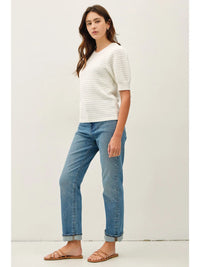 Chevron Pointelle Puffed Sleeve Sweater Top