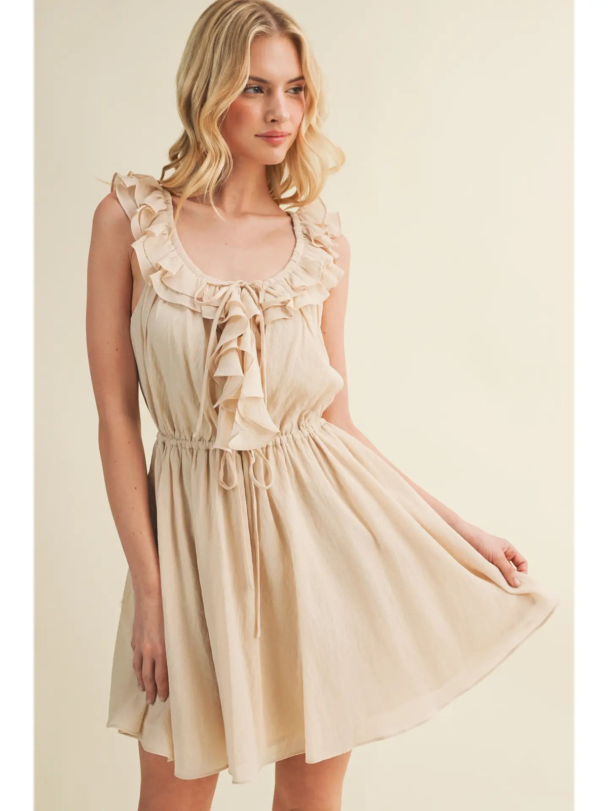 Cascading Ruffle Drawstring Waist Dress