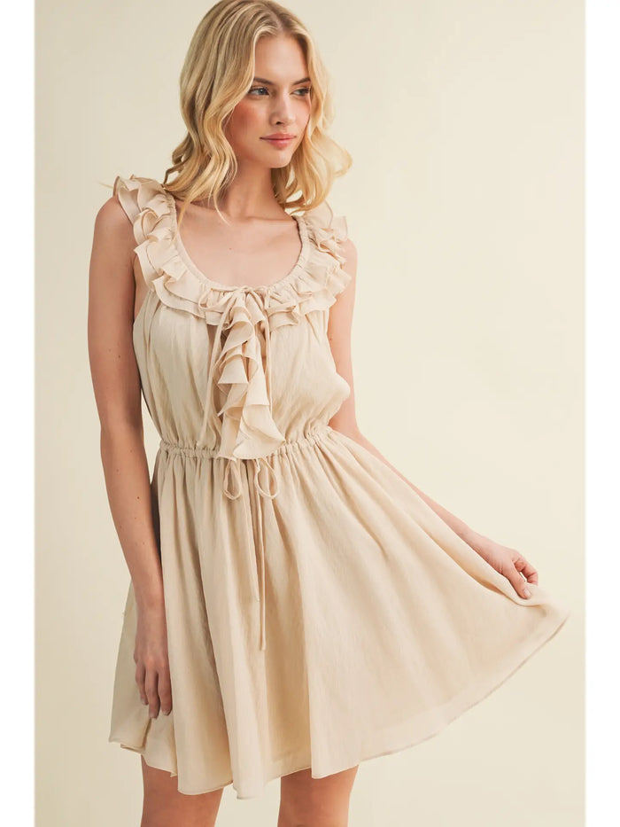 Cascading Ruffle Drawstring Waist Dress
