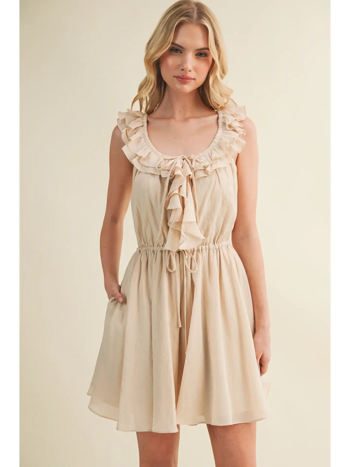 Cascading Ruffle Drawstring Waist Dress