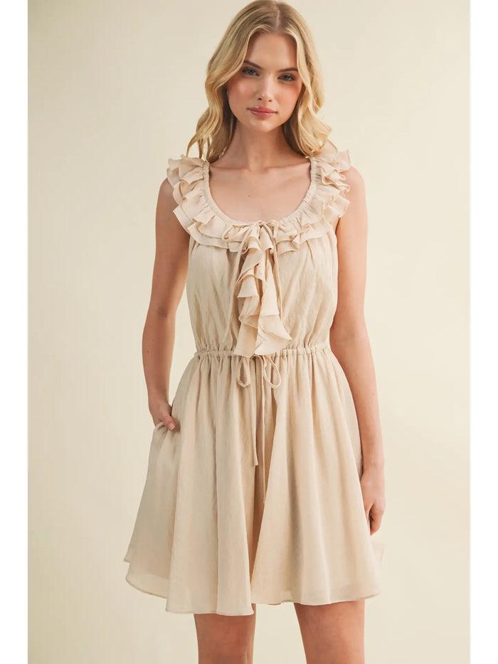 Cascading Ruffle Drawstring Waist Dress