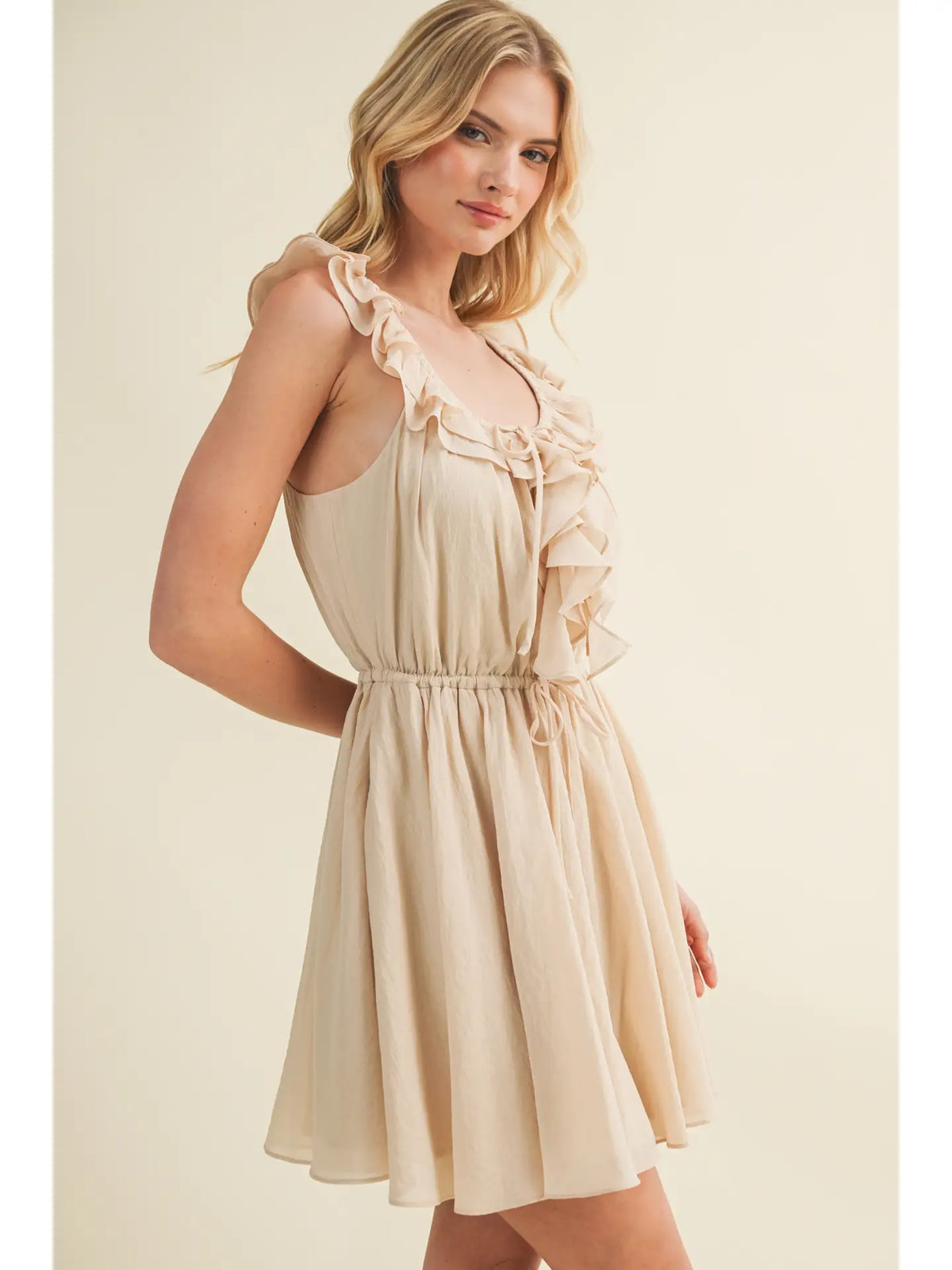 Cascading Ruffle Drawstring Waist Dress
