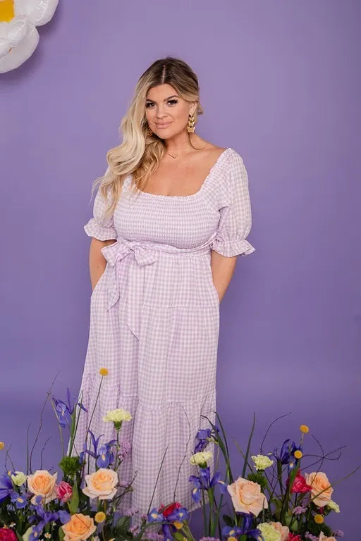 Lilac Gingham Smocked Dress-L