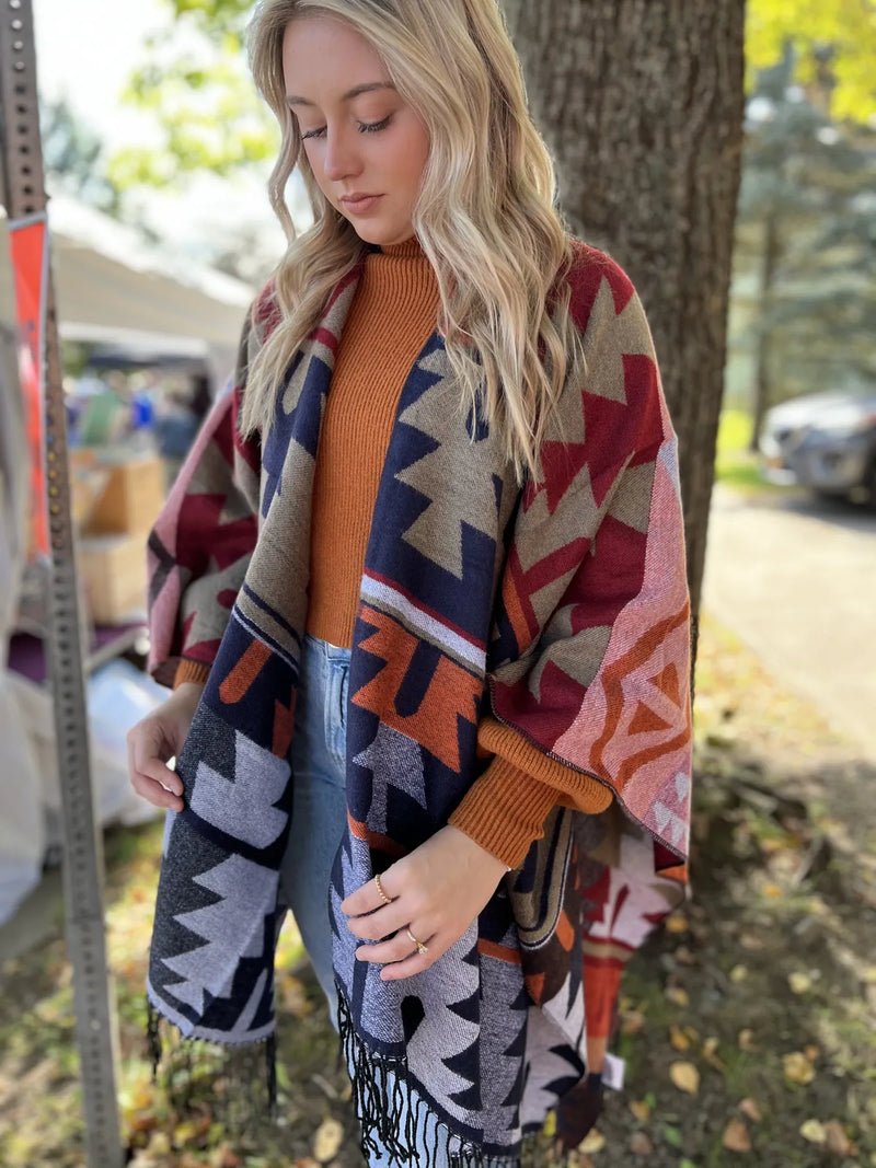 Aztec Multi Color Ruana Wrap-burg/navy : o/s