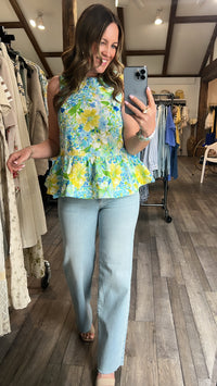 Watercolor Floral Cotton Peplum Top