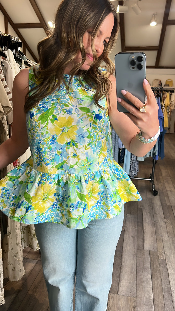 Watercolor Floral Cotton Peplum Top