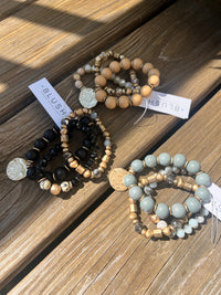 Destin Disc Charm , Wood & Bead Bracelet