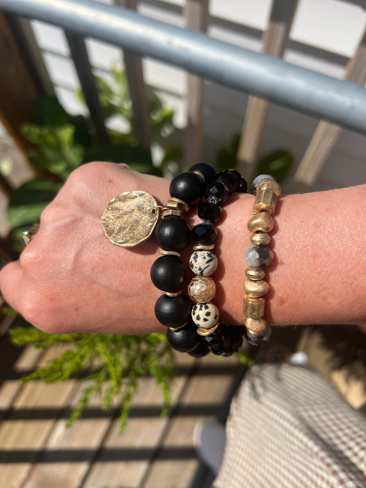 Destin Disc Charm , Wood & Bead Bracelet