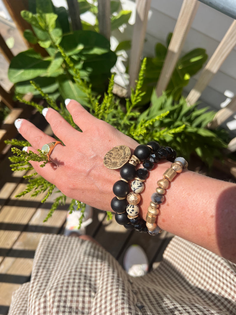 Destin Disc Charm , Wood & Bead Bracelet