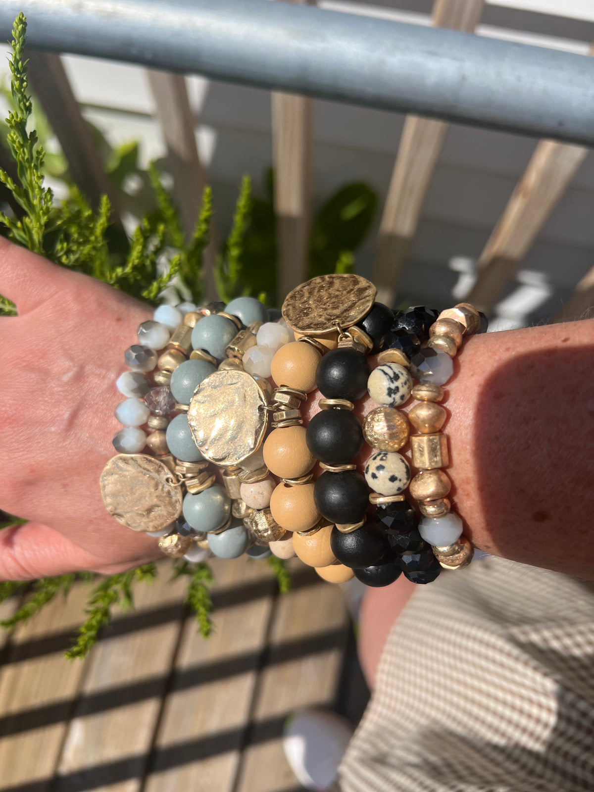 Destin Disc Charm , Wood & Bead Bracelet