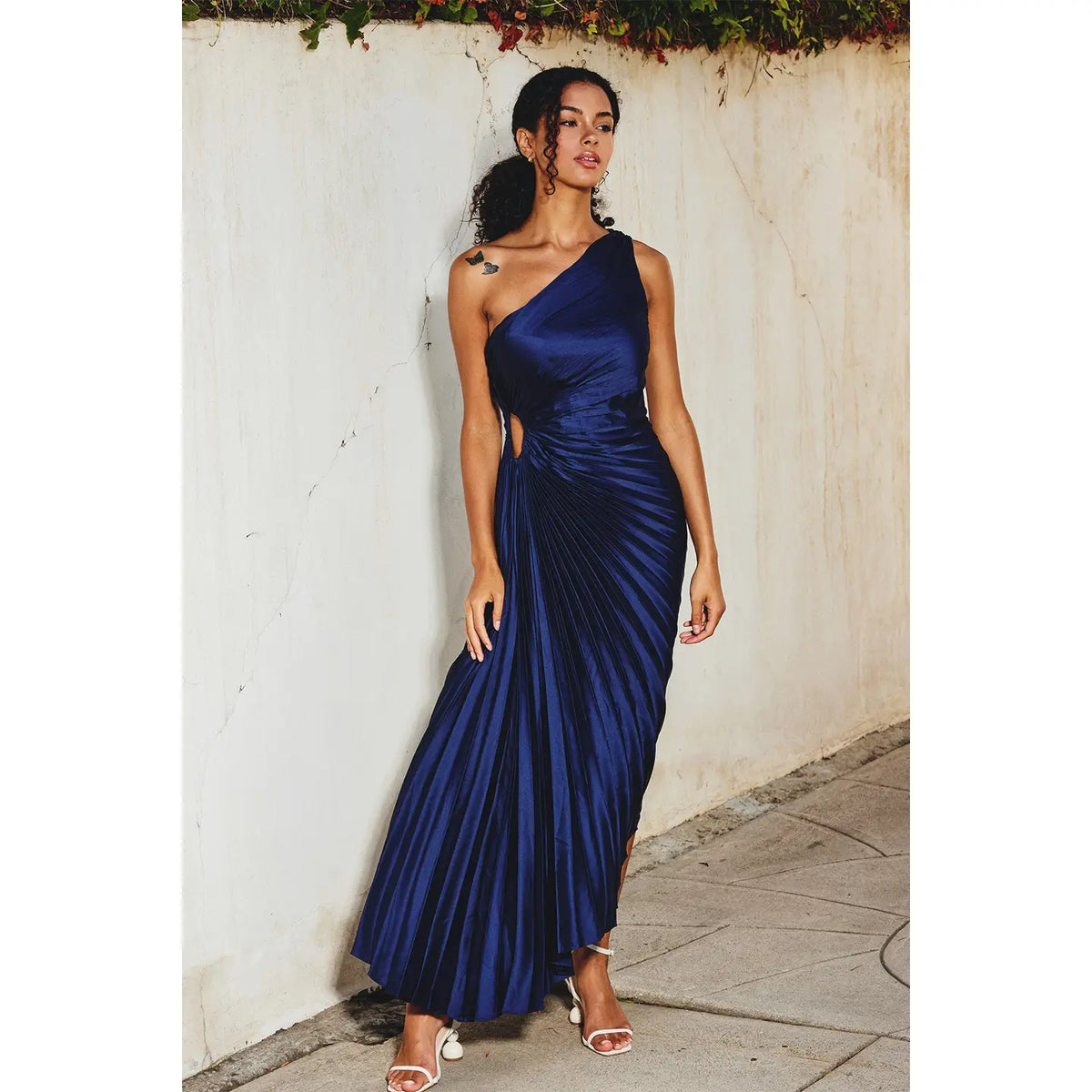 Fresco Midnight Navy One Shoulder Pleat Dress