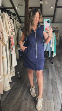 Navy Scalloped Hem Zip Dress