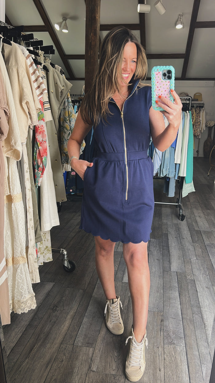 Navy Scalloped Hem Zip Dress