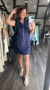 Navy Scalloped Hem Zip Dress