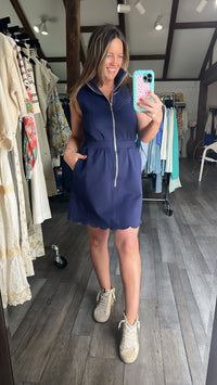 Navy Scalloped Hem Zip Dress