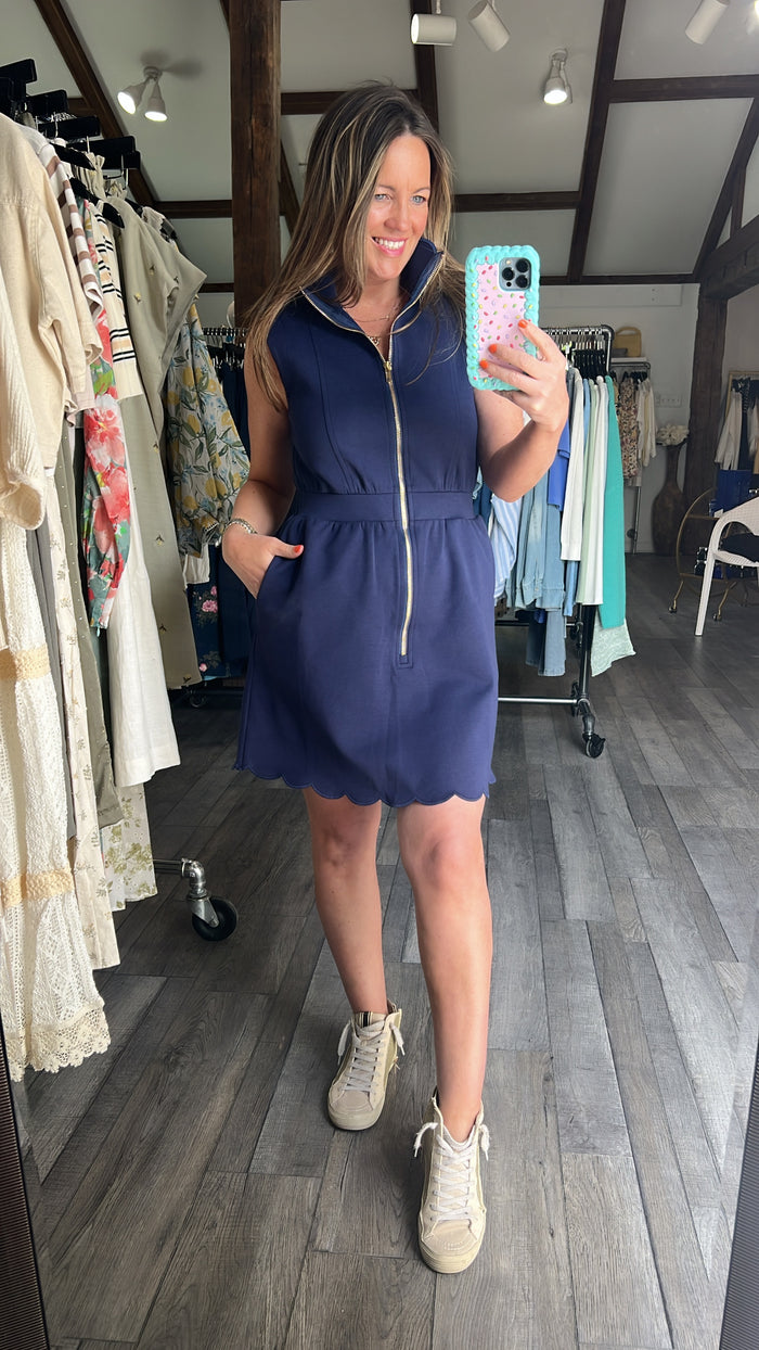 Navy Scalloped Hem Zip Dress