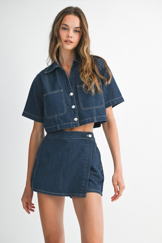 Denim Short Sleeve Collar Shirt & Skort Set