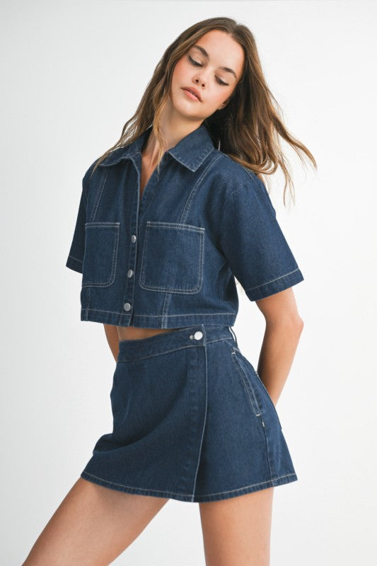 Denim Short Sleeve Collar Shirt & Skort Set