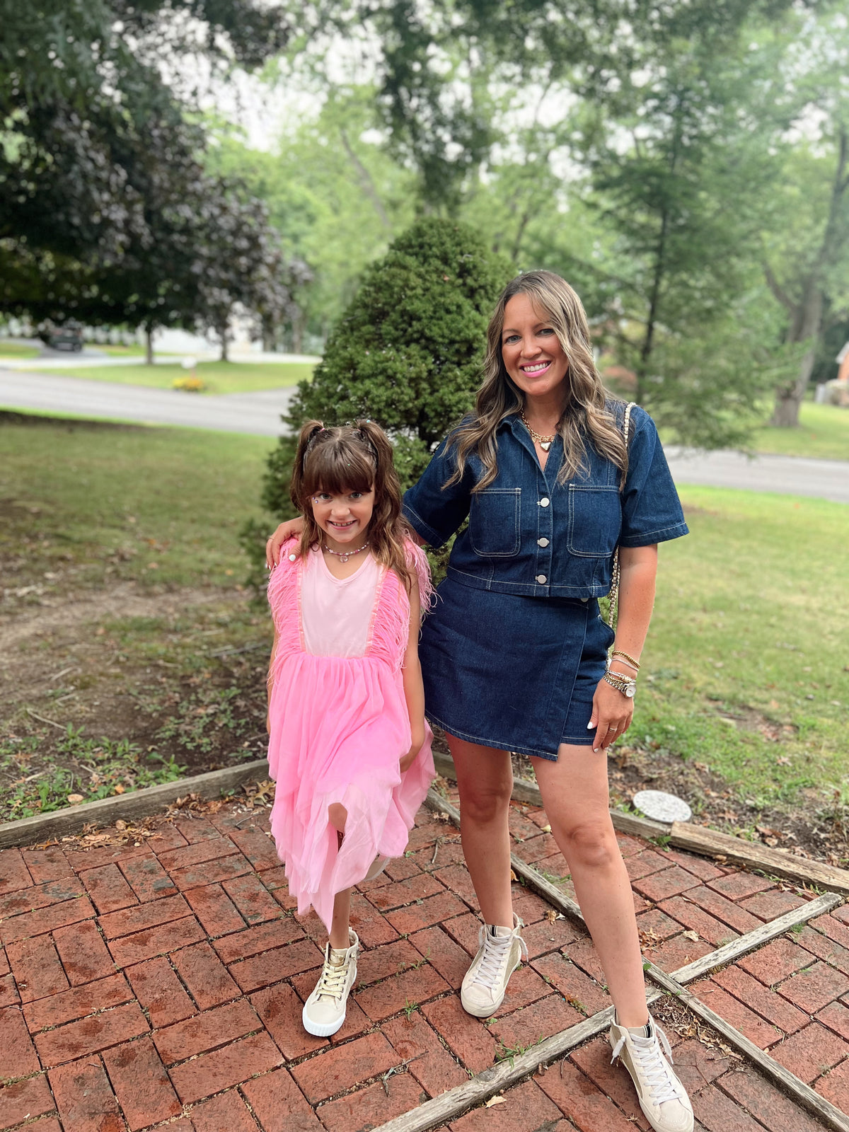 Denim Short Sleeve Collar Shirt & Skort Set