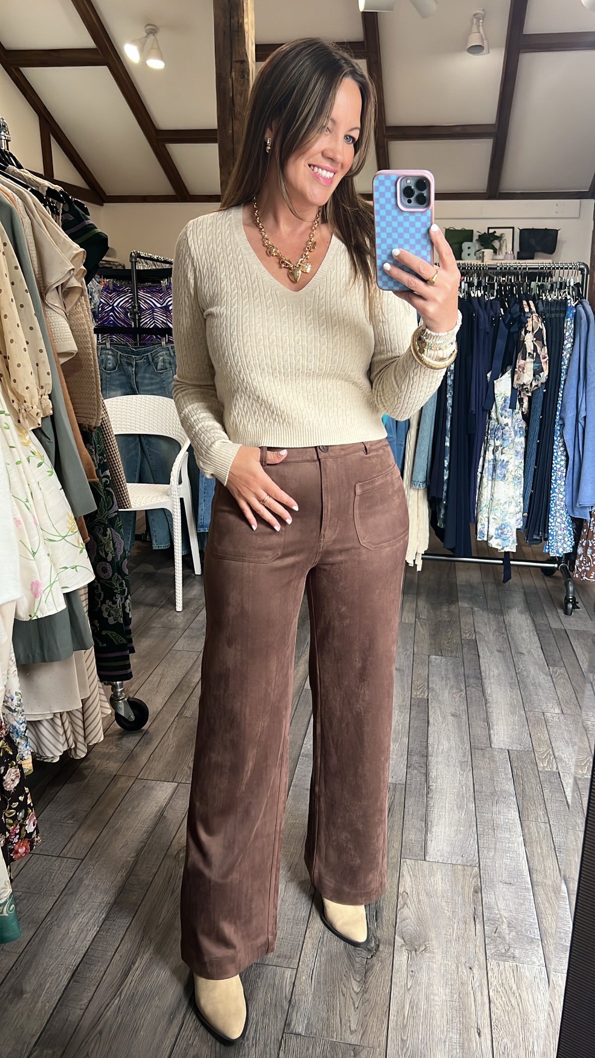 The Outlaw Faux Suede Wide Leg Dark Brown Pant