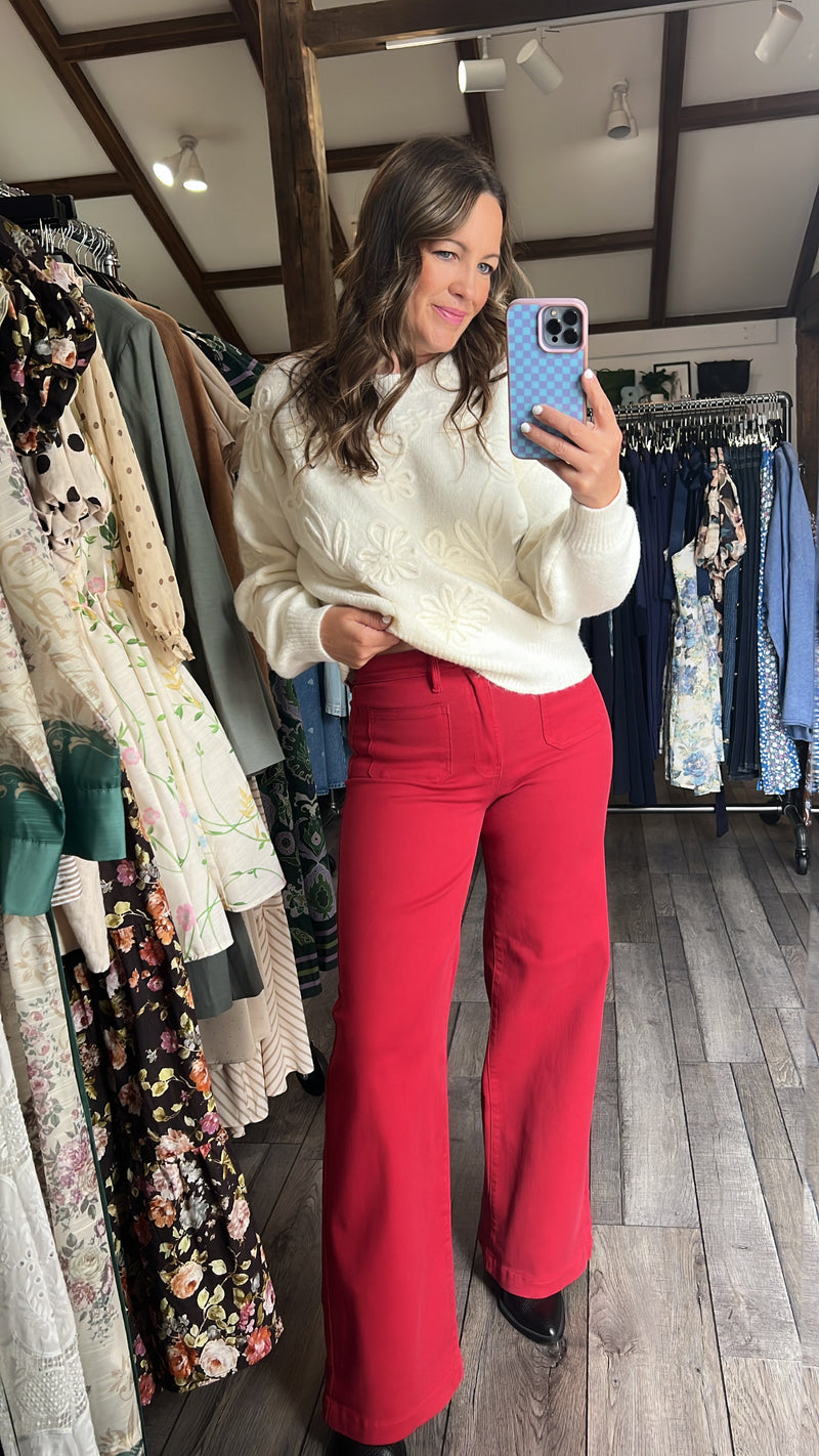 Dark Red Mini Patch Pocket Wide Jean