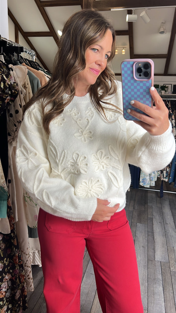 White Floral Embroidery Sweater
