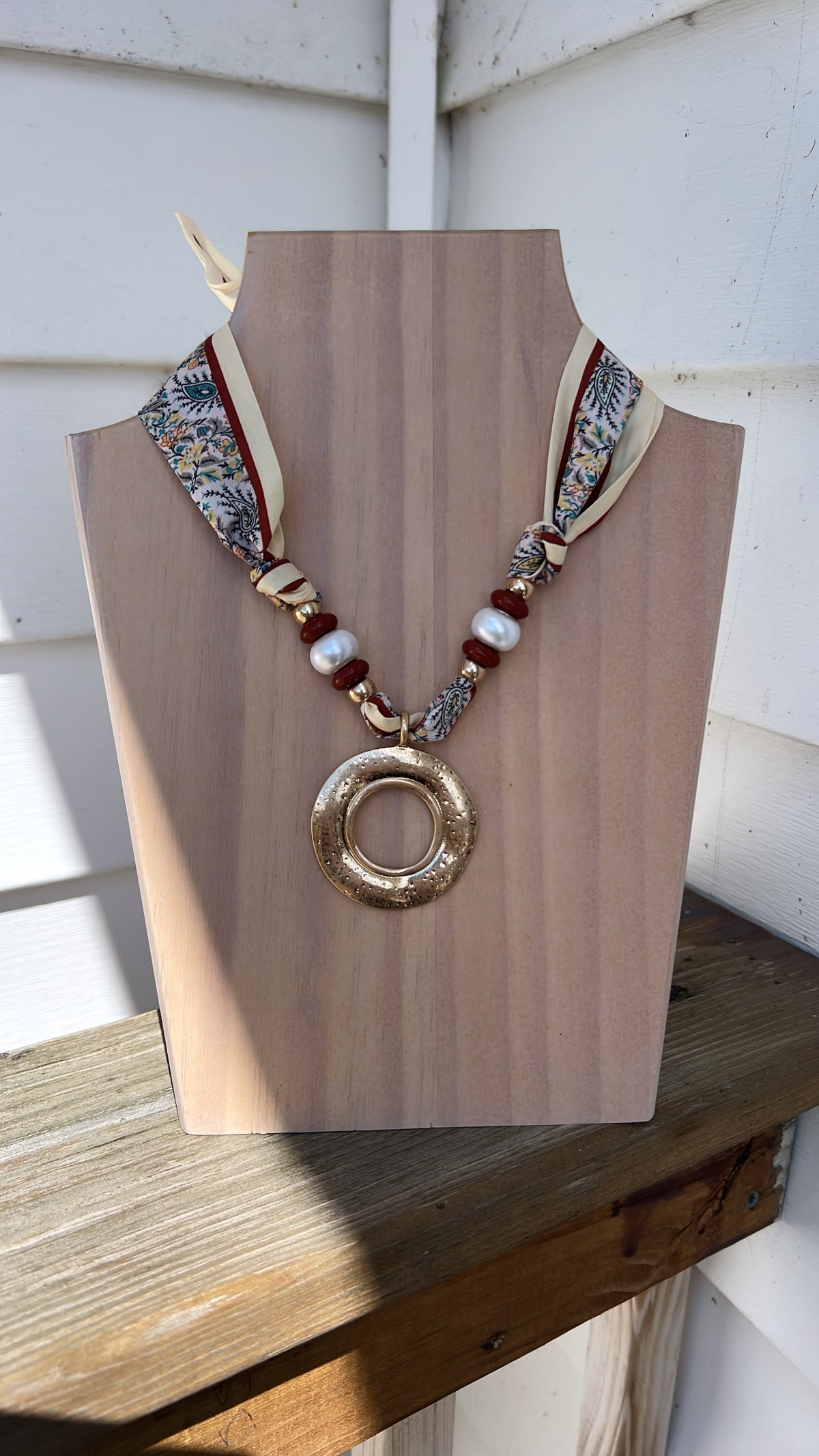 Hammered Circle Pendant Scarf Necklace