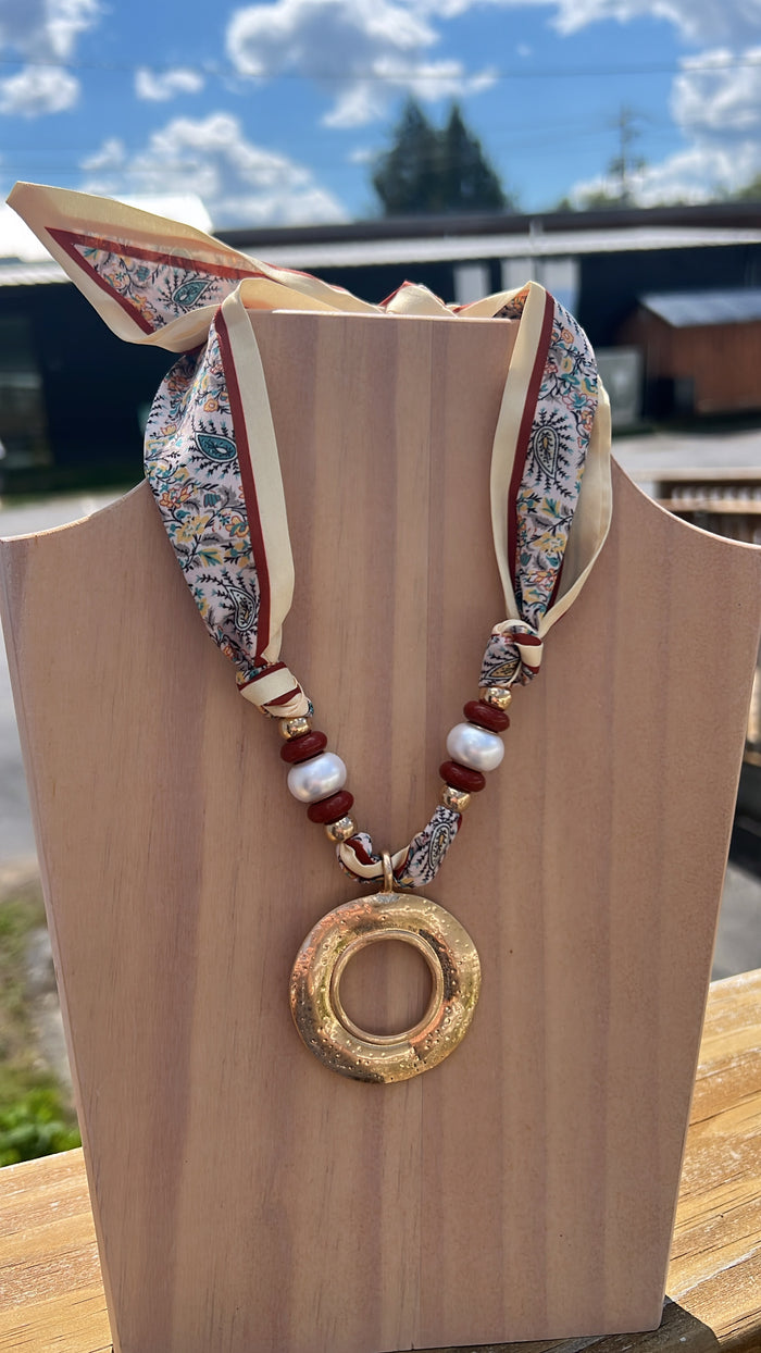 Hammered Circle Pendant Scarf Necklace