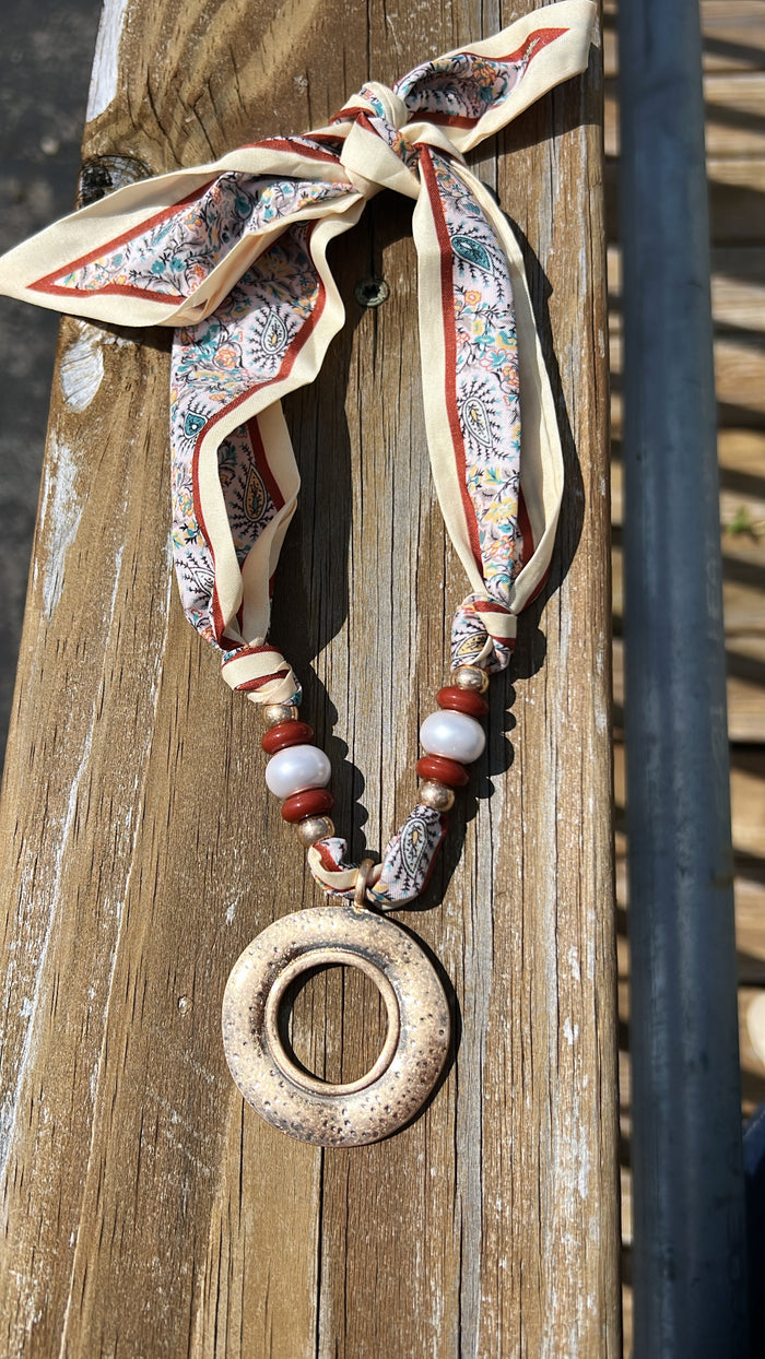 Hammered Circle Pendant Scarf Necklace