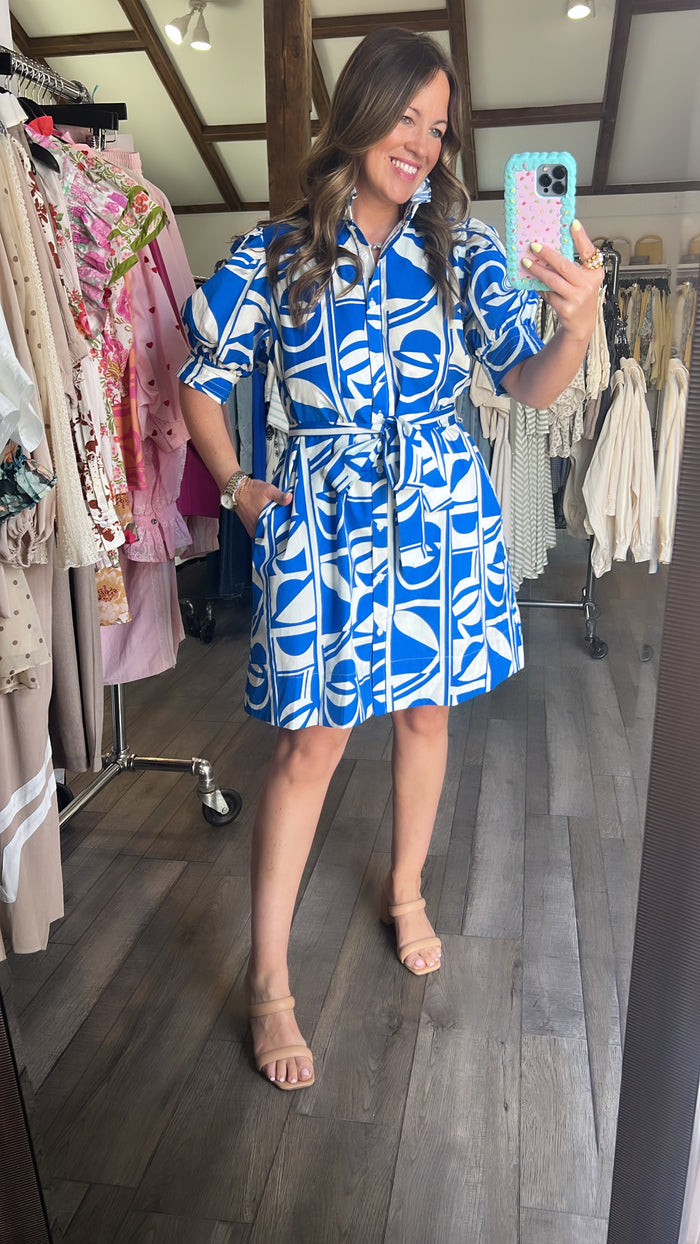 Geo Geometric Ruffle Neck Dress