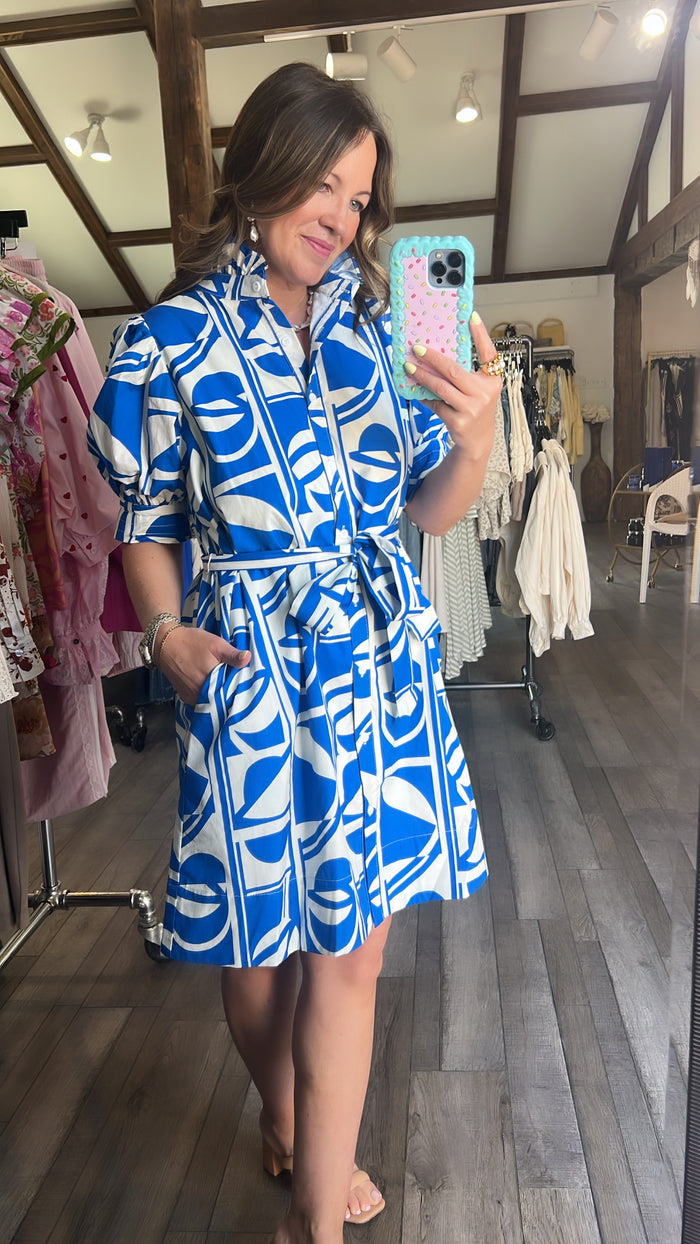 Geo Geometric Ruffle Neck Dress
