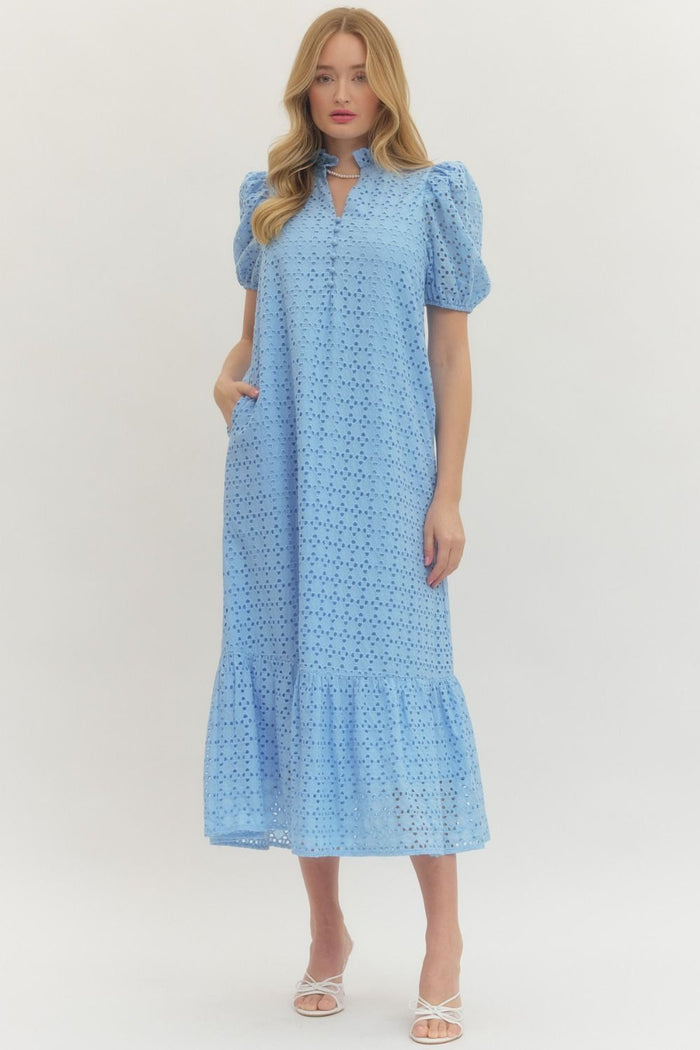Baby Blue Long Eyelet Ruffle Hem Dress