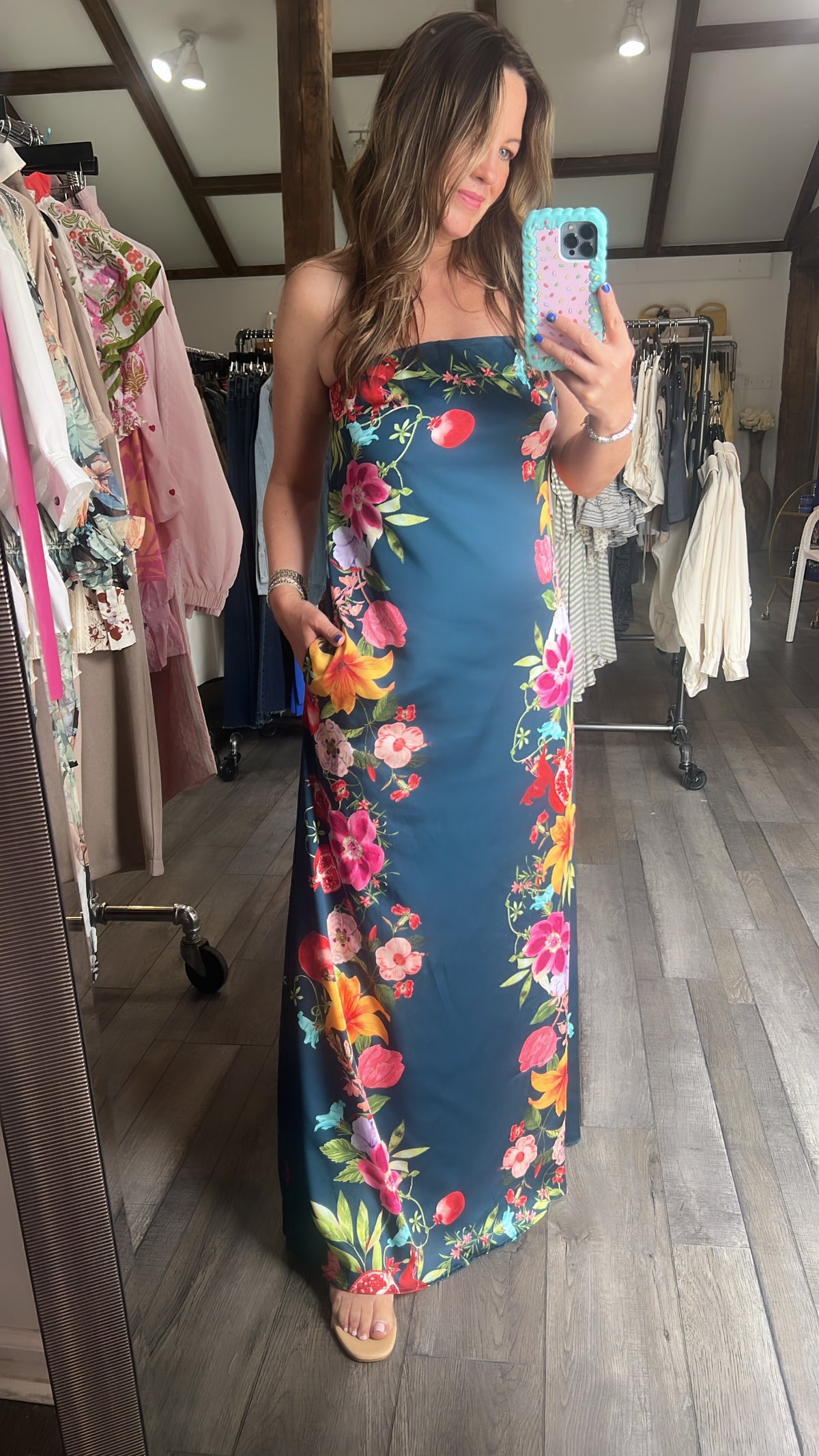 Navy Botanical Strapless Dress