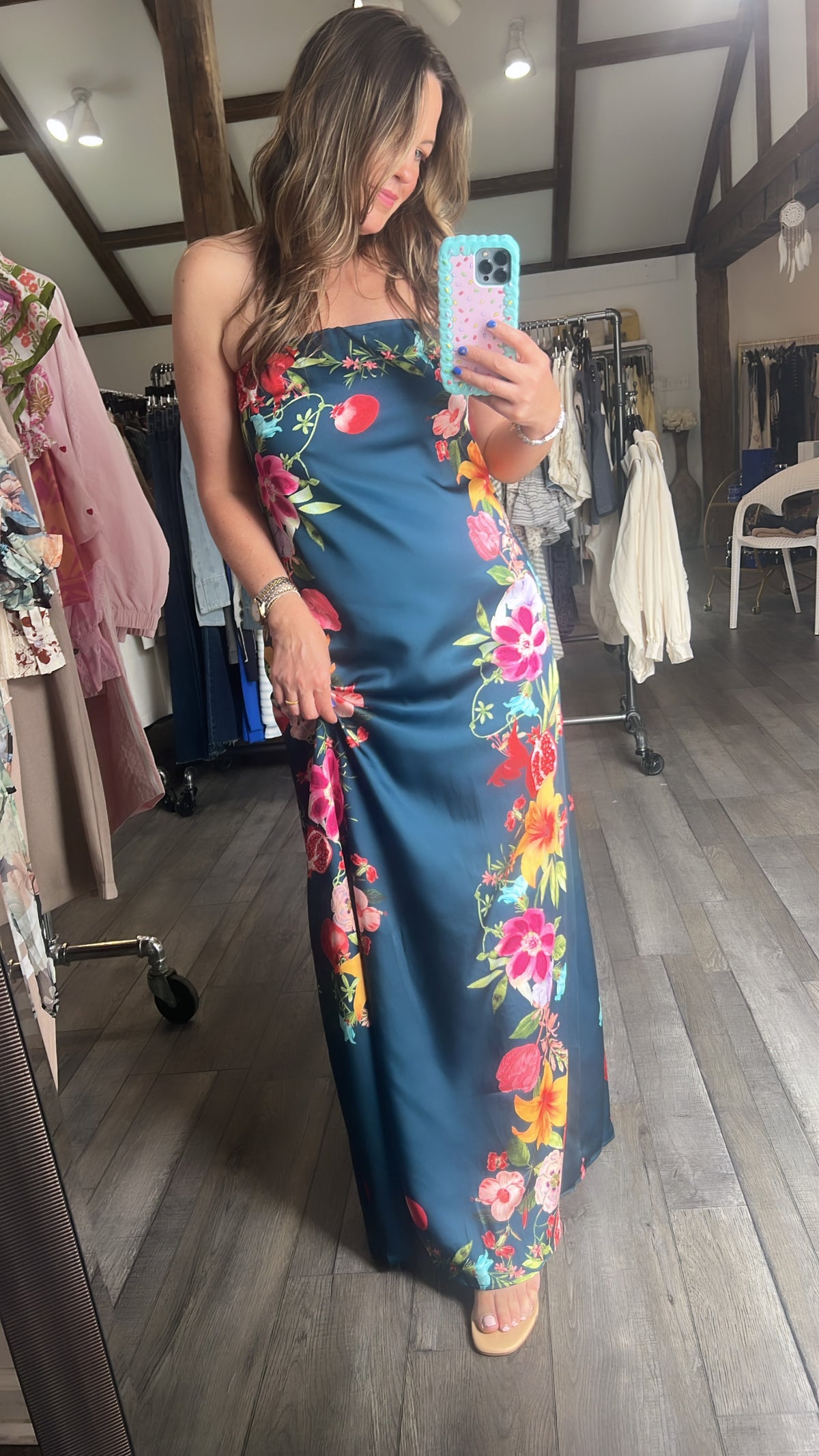 Navy Botanical Strapless Dress