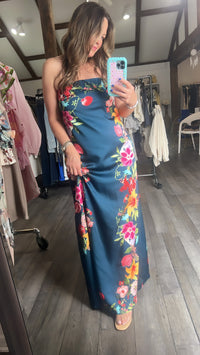 Navy Botanical Strapless Dress