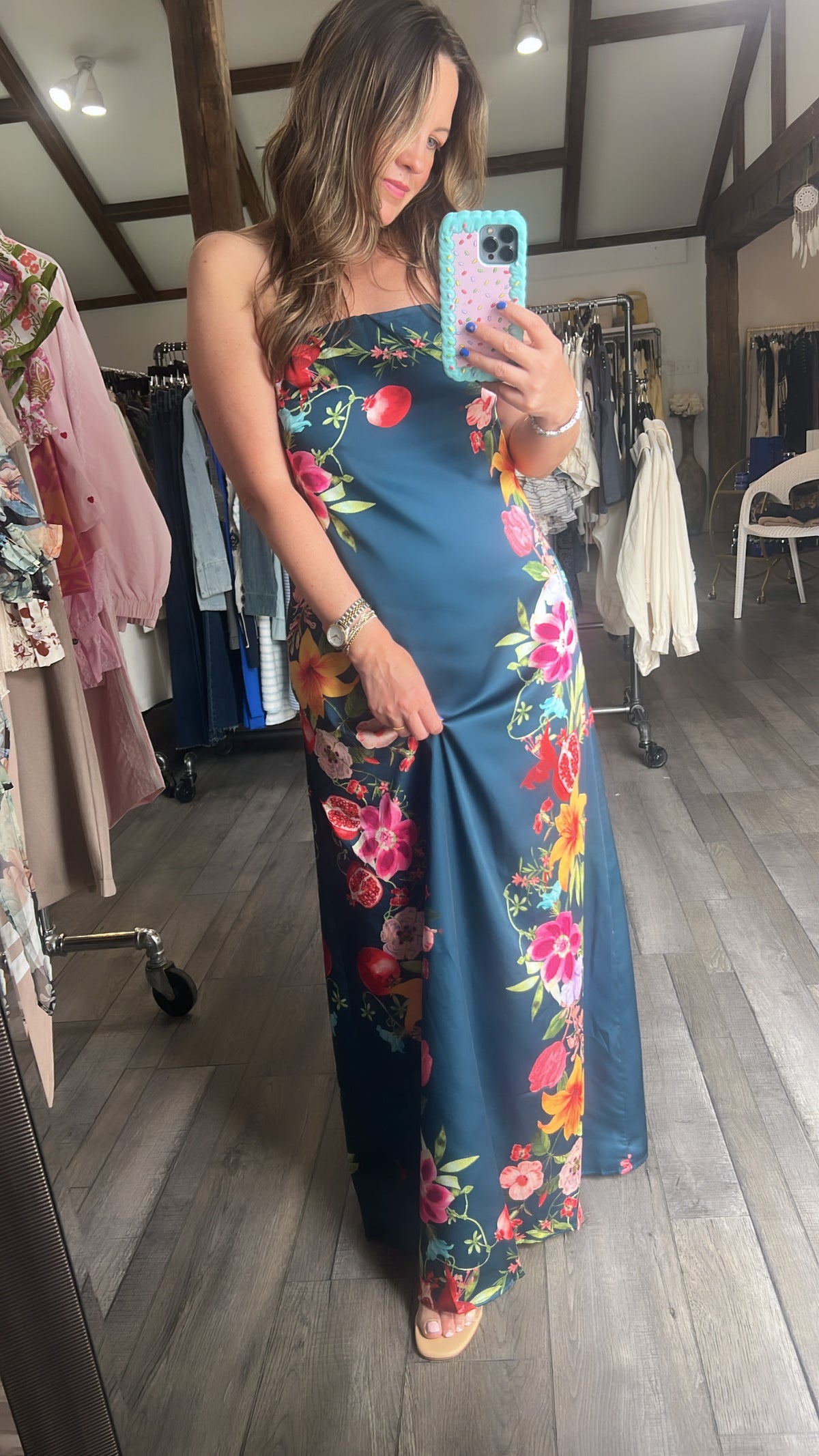 Navy Botanical Strapless Dress