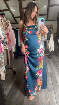 Navy Botanical Strapless Dress